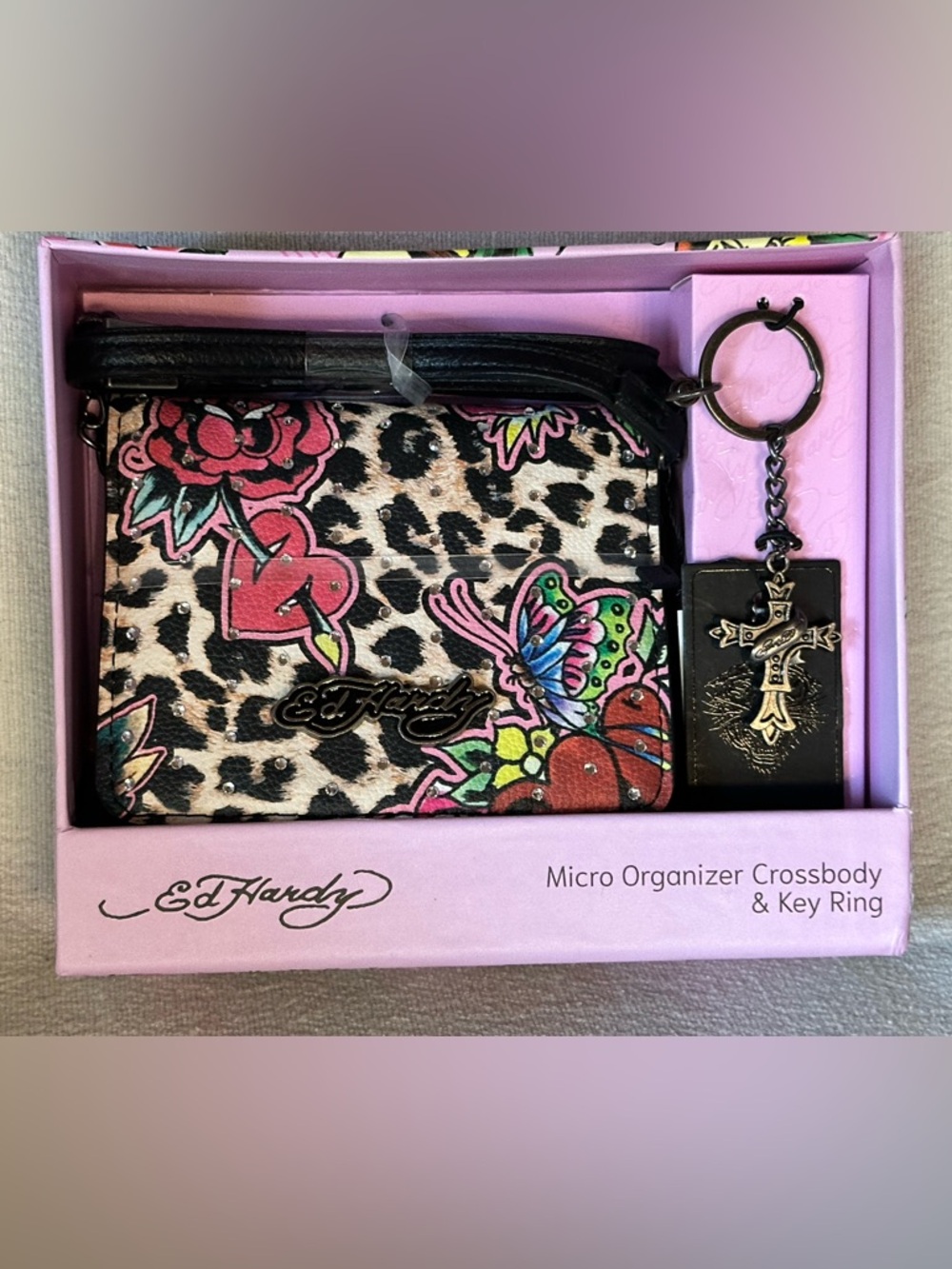 Ed Hardy Leopard & Floral Micro Organizer Crossbody With Rhinestone Accents